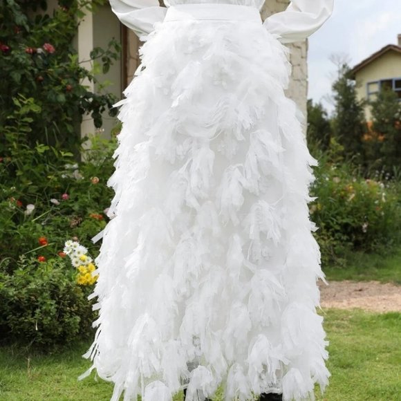 Boho White Fringe All over Detail Straight Mesh Maxi Skirt - Picture 2 of 7